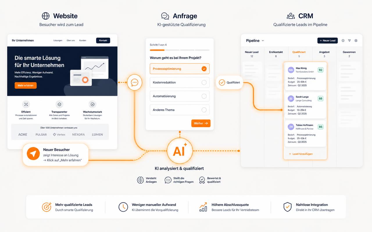 QiC KI-Akquise-Plattform — Website, KI-qualifizierte Anfrage und CRM-Pipeline in einem Fluss