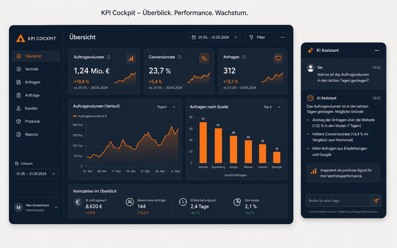 QiC KPI & Cockpit — Dashboard mit Auftragsvolumen, Conversionrate und KI-Assistent zum Nachfragen
