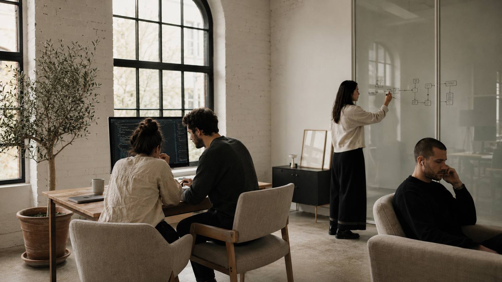 Team von QiC Code arbeitet konzentriert an Code und Architektur-Diagrammen im Berliner Studio